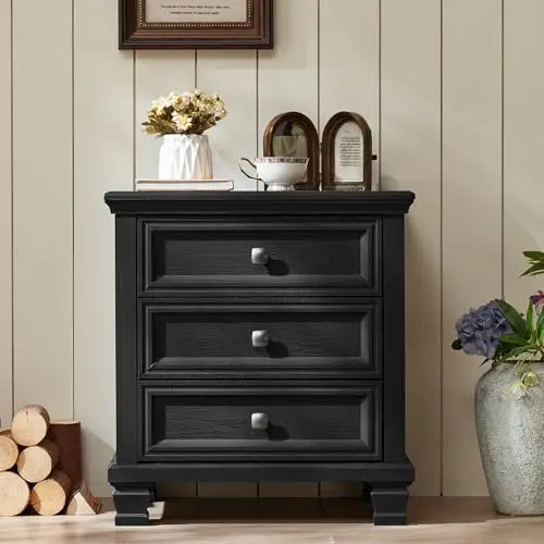 3-Drawer Nightstand Set of 2 with Solid Wood Legs, Black | Pair of three-drawer bedside tables with sturdy square wood image 6