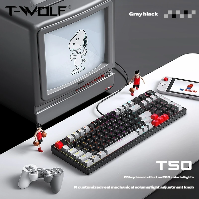 لوحة مفاتيح ميكانيكية T-Wolf T50 مفتاح أزرق مقبض متعدد الوظائف للمكتب/لوحة مفاتيح الألعاب Rgb تنطبق على Windows Macos Linux إلخ