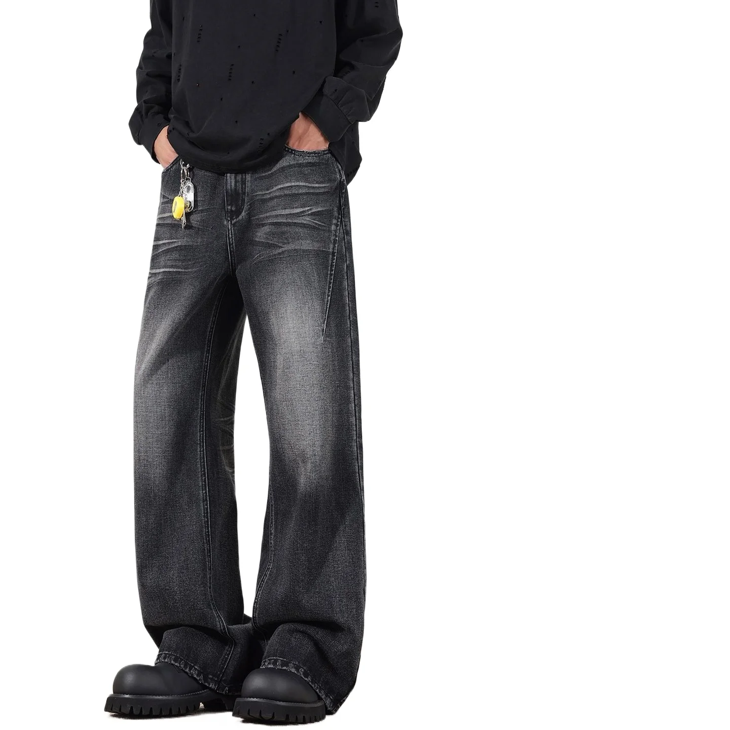 Amerikaanse retro crack-gewassen noodlijdende bliksemvormige uitlopende jeans High Street losse jeans voor zowel mannen als vrouwen herenbroeken