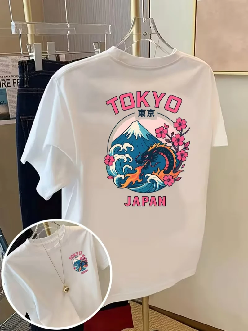 Tokyo Japan Print T-shirt Fuji Mountain Dragon Cherry Blossom Graphic Short Sleeve Tops Unisex Spring Summer Daily Casual Tee
