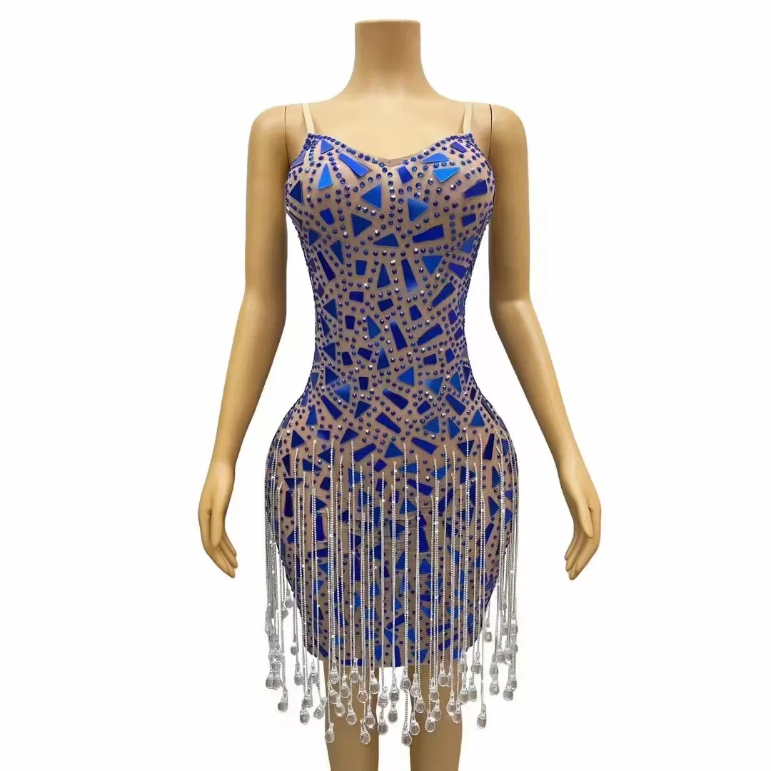 

Sexy Singer Costume Party Photoshoot Dress Silver Blue Mirrors Rhinestones Crystals Fringes Dress Birthday Celebrate