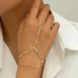 Fashionable Clear Crystal Slave Bracelet for Women Gold Color Link Chains Connecting Finger Rings Hand Harness Bracelets Jewelry