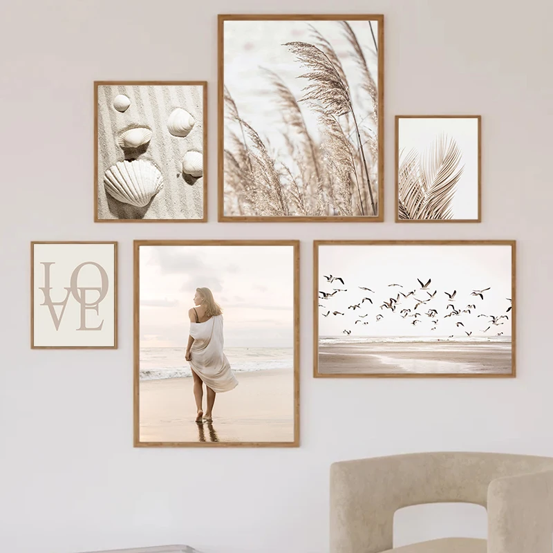 (No frame)Póster Artístico de pared en lienzo de concha de chica amor de playa Beige, pintura decorativa impresa de hoja de p