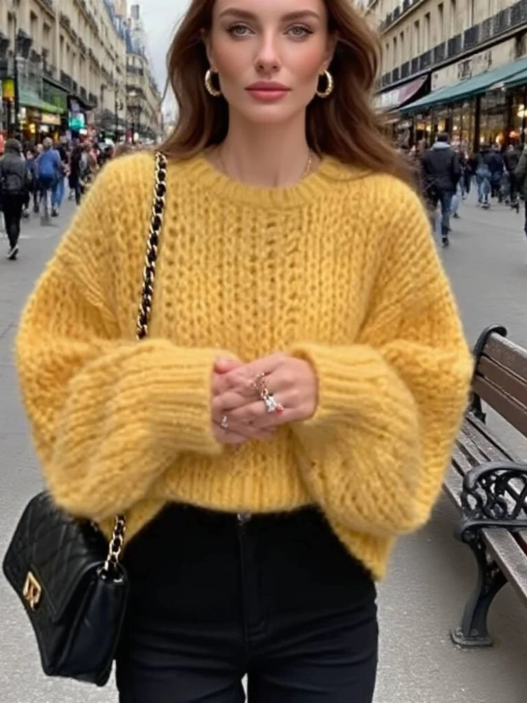 Dolce maglione autunnale lavorato a maglia con design scavato, pullover ampio da donna, top casual lavorato a maglia a maniche lunghe con scollo tondo