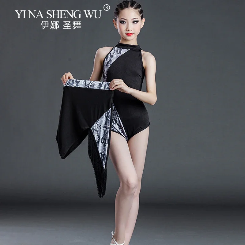 Costume d'entraînement de danse latine professionnel pour enfants, jupe body à franges imprimé léopard, Costume d'examinations classés de danse pour filles