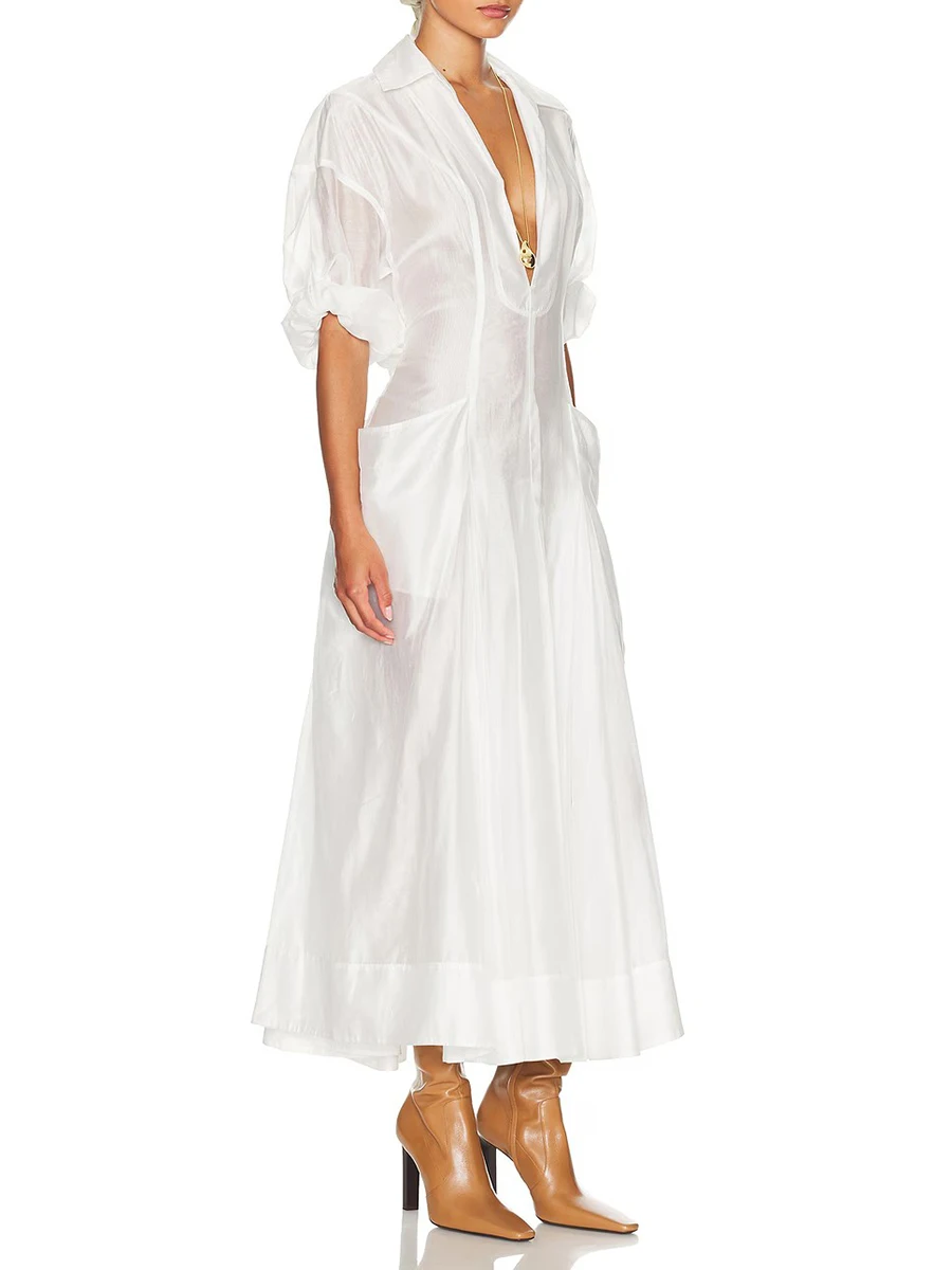 Twotwinstyle sólido sheer emendado bolsos vestidos minimalistas para mulheres com decote em v mangas compridas túnica design sentido vestido feminino novo