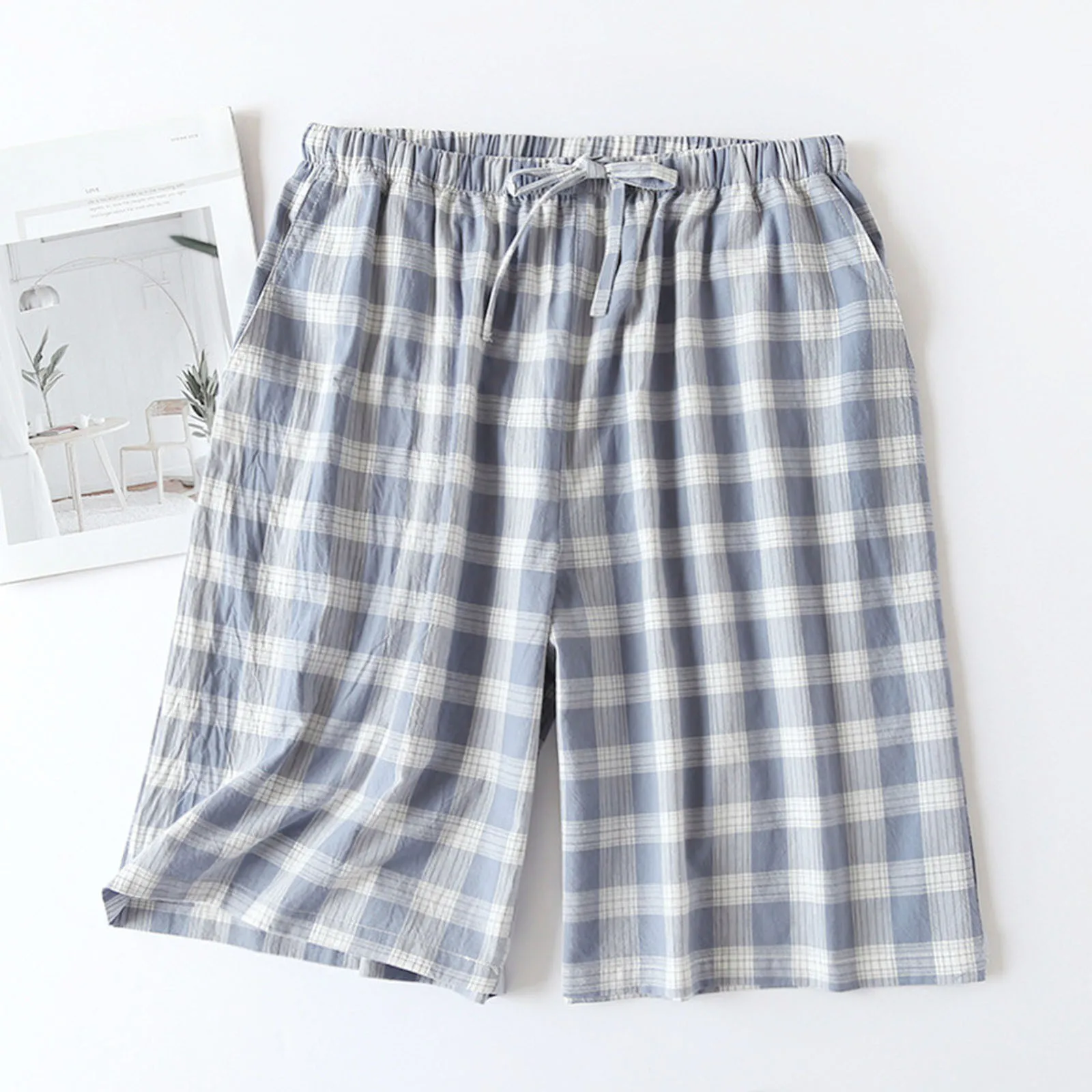 Plaid Design Sleepwear Men Pajama Shorts for Summer Thin Cotton Loose Double-layer Homewear Lounge Wear Checkered Pj Pants