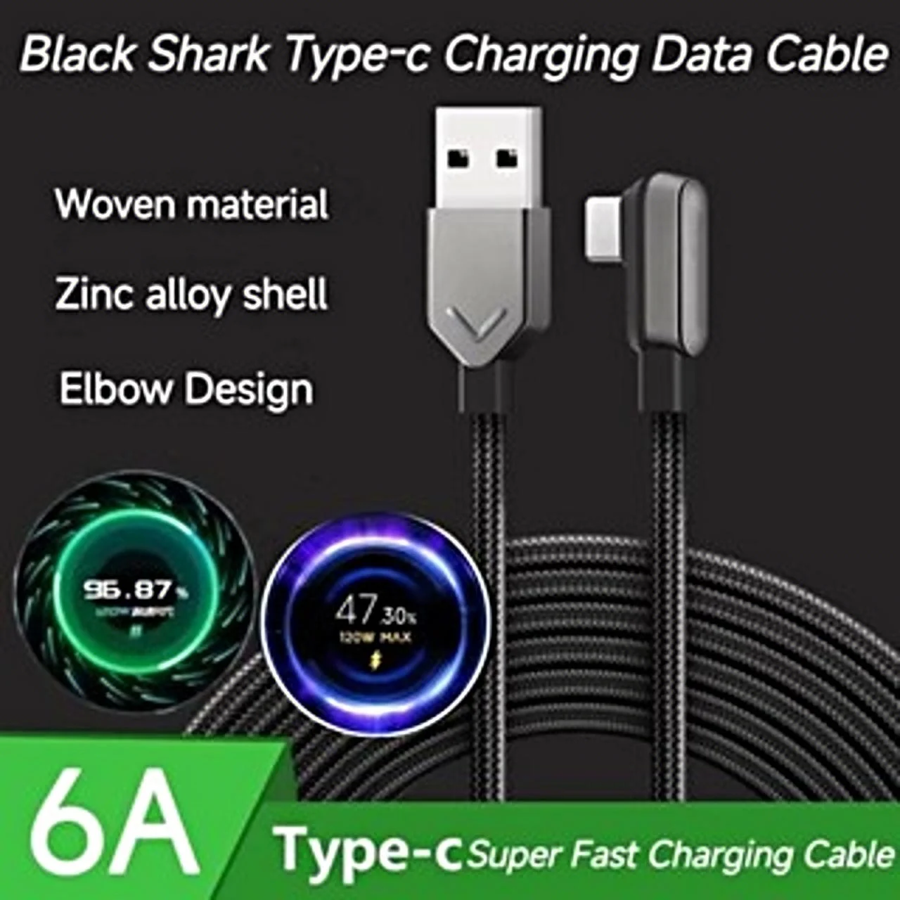 

Кабель для быстрой зарядки Xiaomi 120W, Black Shark 5 Pro, POCO F4 GT, Type-C, 6A, плетеный, игровой, угловой