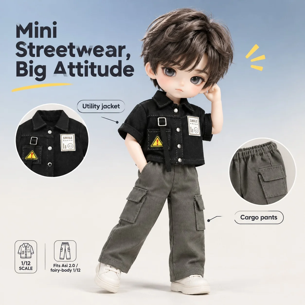 1/12 Scale Doll Clothes, Streetwear Cargo Pants with Pockets and Buckle Jacket for OB11 Size Asi 2.0 Fairy Body BJD Dolls