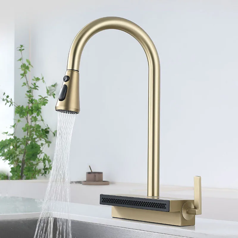LED Digital Faucet Kitchen Pull Out Down Hot Cold Mixer Tap Deck Mount Flying Rain Waterfall Universal Brass Rotation Faucets