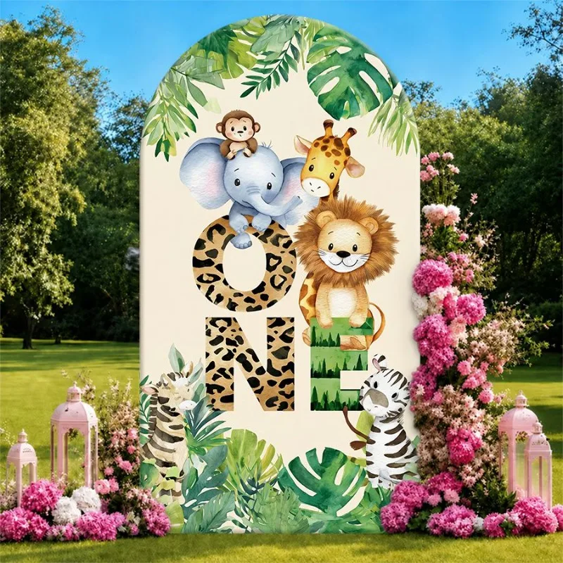 

Single Side Arch Backdrop Cover Jungle Theme Birthday Backdrop with Elephant Giraffe Lion Zebra Monkey and Tropical Leaves