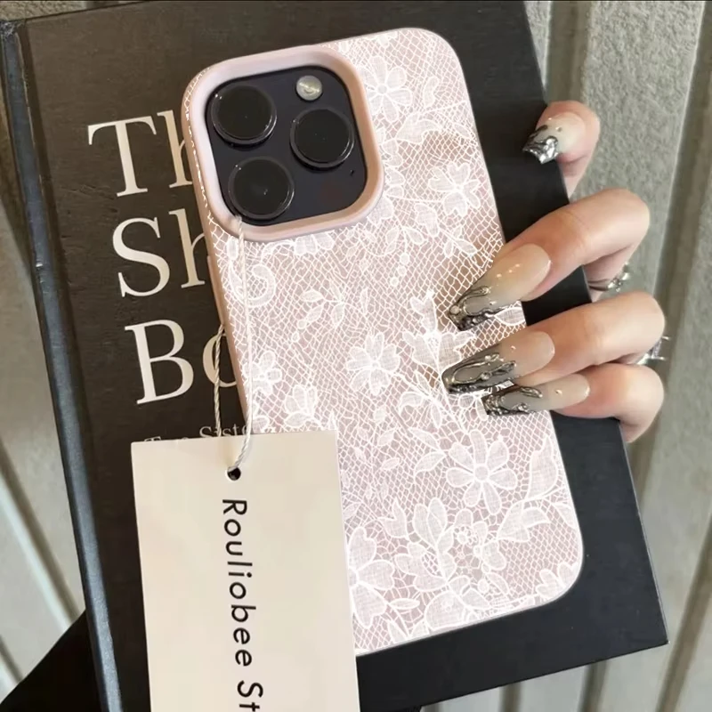 Coque de téléphone tendance pour femme, motif floral en dentelle rose et blanche, texture dentelle, anti-chute, pour iPhone 15 14 Pro Max 16 17 13 12 11