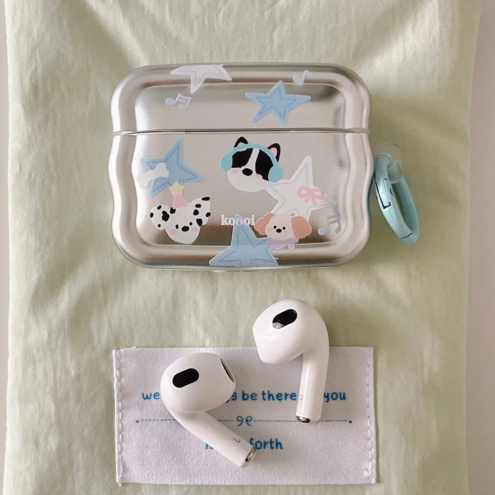 Cute Cartoon Puppy Case For Apple Airpods Pro 2nd Bluetooth Headphone Cover For AirPods 1 2 3 Wave Edge Protective Silvery Case