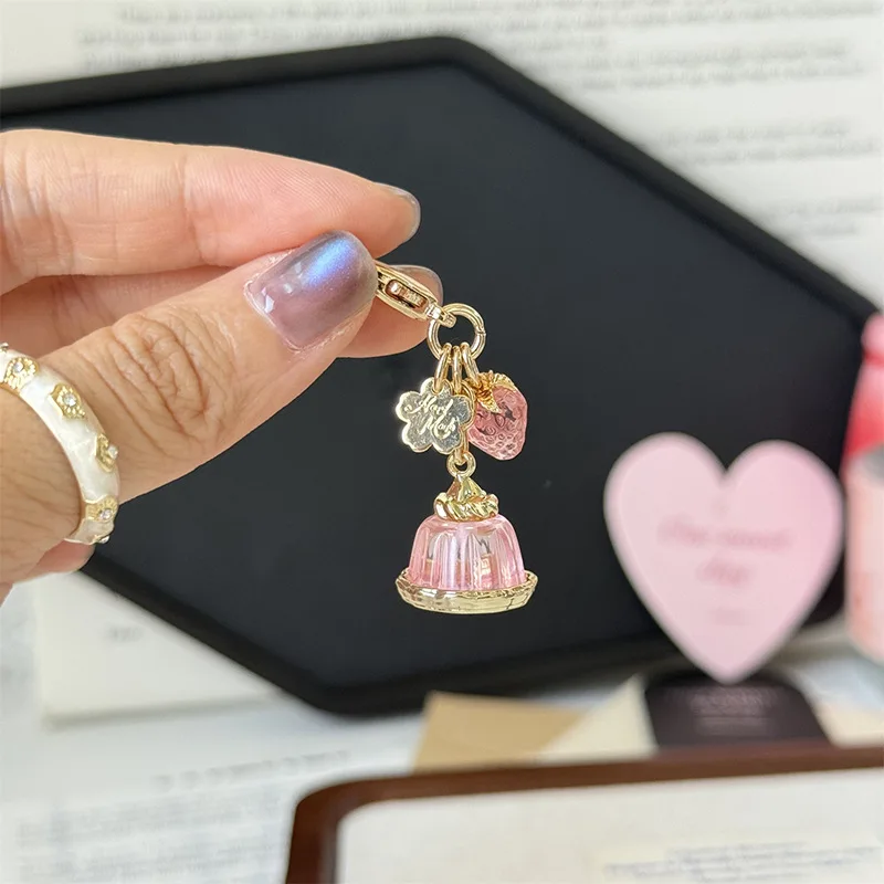 Sweet Cola-Lou Fruit Jelly Pudding Keychain Pink Strawberry Flower Pudding Beads Pendant Keyring Girl Phone Airpods Y2K Keyfob