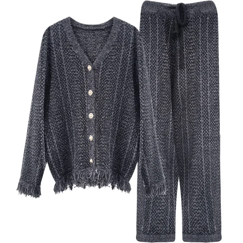 Winter Ins Sweet Tassel Cardigan Set Sleepwear Women\'s Winter Thick Warm Knitted Home Clothes Two Piece Set Light Blue