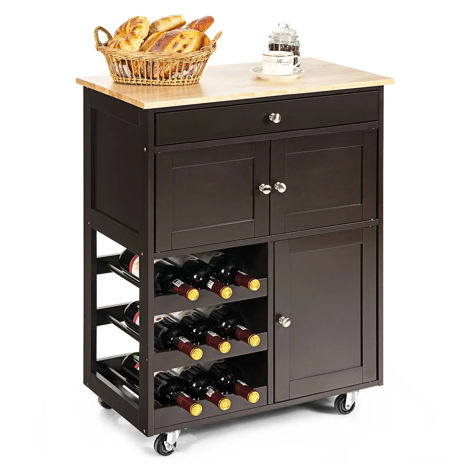 GOFLAME Rolling Kitchen Storage Trolley Cart Cupboard Island Cabinet 3 Tier Wine Rack