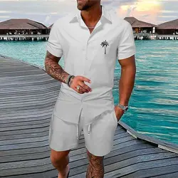 Europe and the United States Summer Men's Casual Shirt Set Hawaii Gradient 3D Printing Outdoor Short Sleeve Shorts 2-piece Set