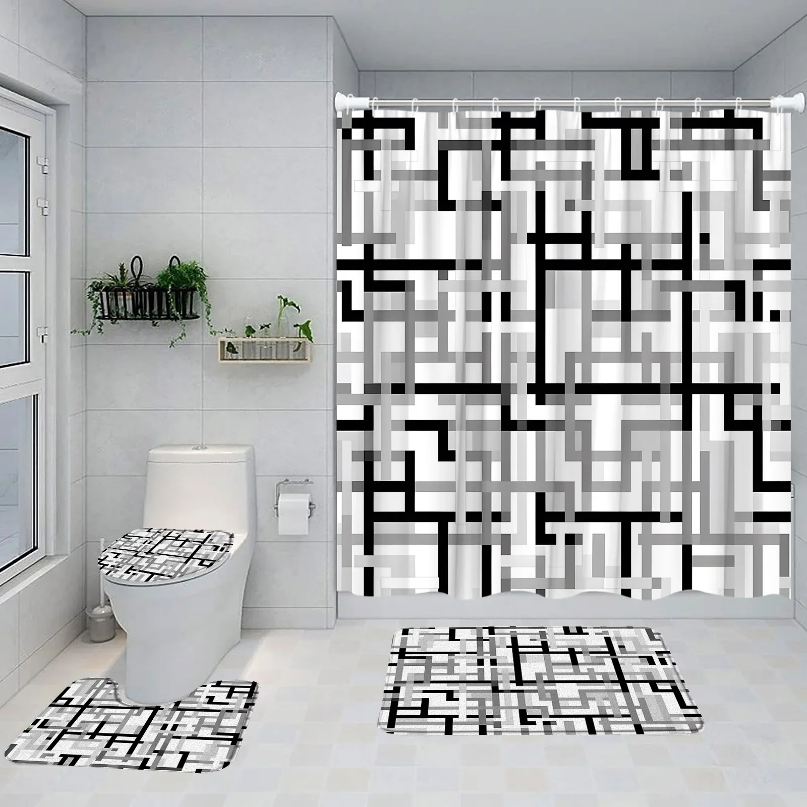 Black White Abstract Geometric Bath Curtain Set Lines Square Nordic Polyester Shower Curtains Modern Bath Rug Toilet Lid Cover