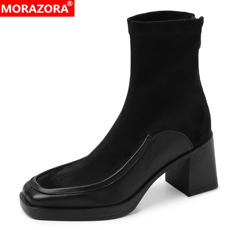 

MORAZORA Plus Size 34-42 New Genuine Leather Modern Boots Women Back Zipper Faux Suede Chunky High Heels Ankle Boots Female Shoe