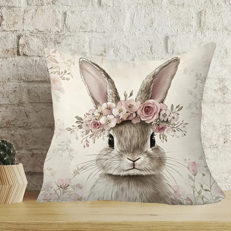 1pc Bunny Flower Wreath Printed Throw Pillow Cover, Suitable for Sofa, Bedroom, Living Room, a Healing Gift for Animal Lovers.