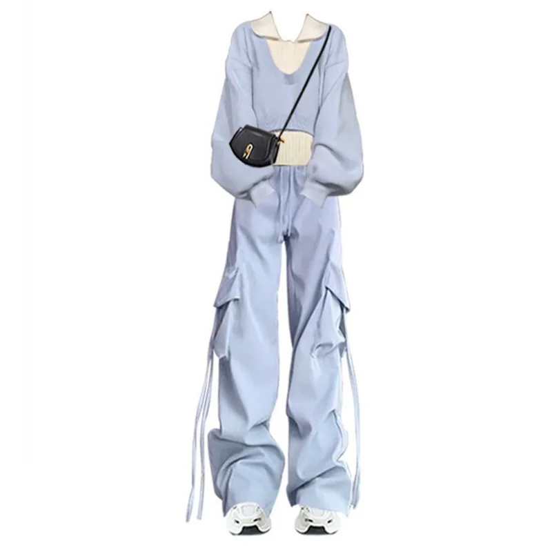 Girl Autumn Winter New Fashion Tracksuit Matching Set Korean Elegant Knit Sweater+vest+Cargo Pants 3-piece Suit Female Clothing