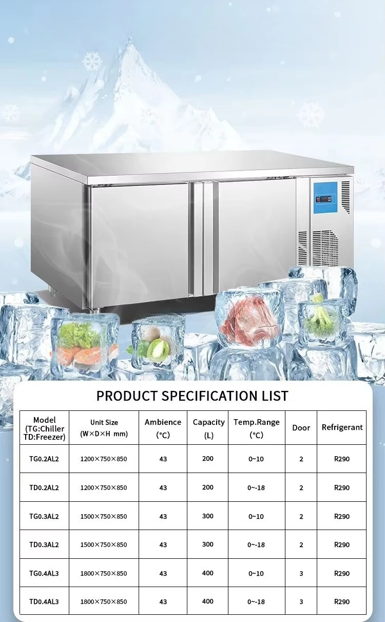 Commercial Stainless Steel Refrigeration Equipment Kitchen Working Bench Air Cooling Undercounter Chiller Freezer Refrigerator