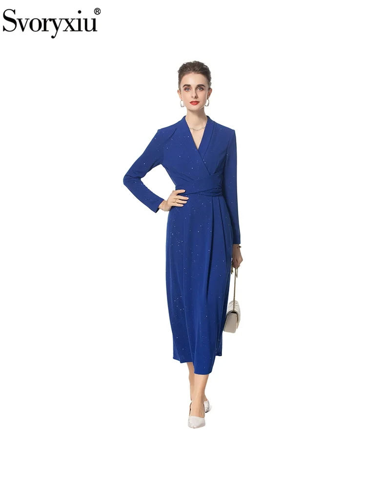 

Svoryxiu Fashion Runway Autumn Royal Blue Elegant Long Dress Women's V-Neck High Waist Long Sleeve Crystal Sequins A-Line Dress