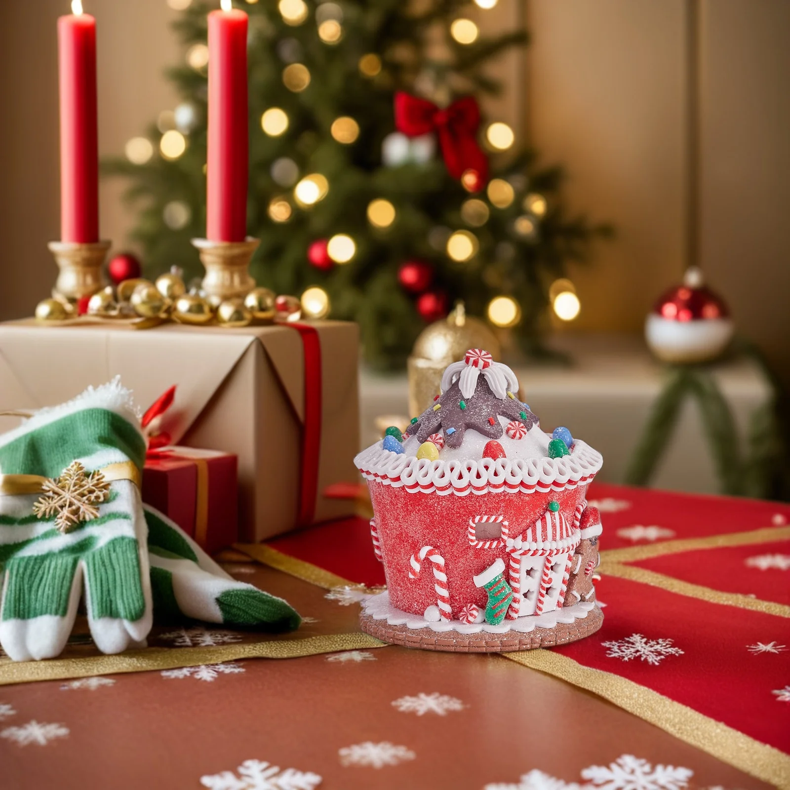 

Lighted Resin Gingerbread with LED Warm Glow - Pastel Macaron Color Tabletop Christmas Village Decoration for Mantle Desk