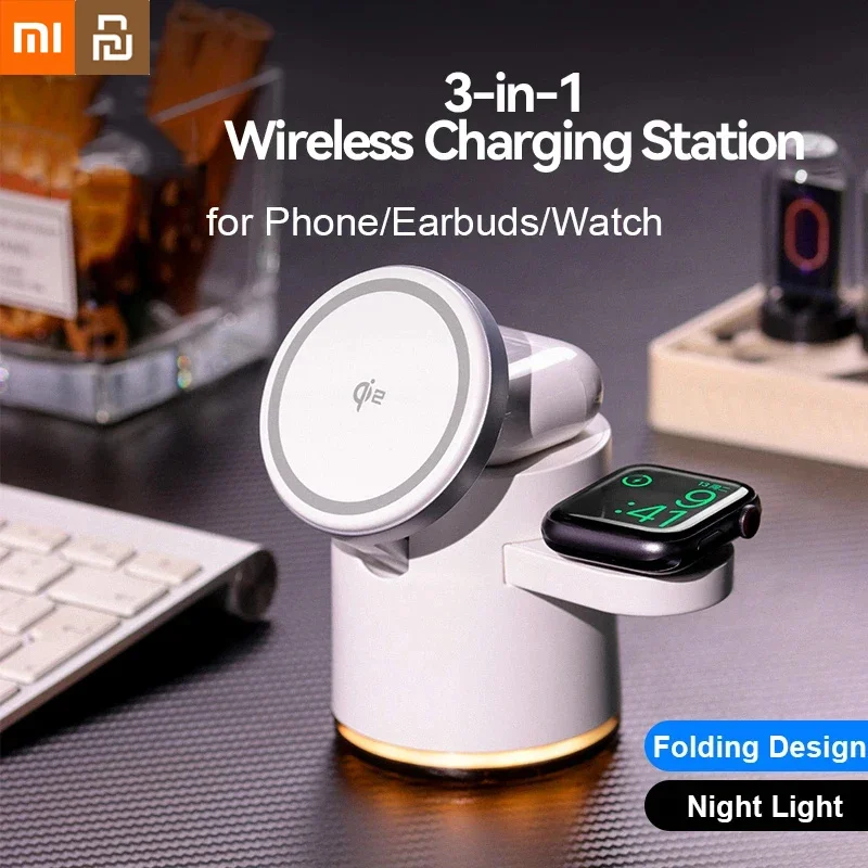 Xiaomi Youpin Wireless Charger Magnetic Suction 3-in-1 Fast Charging Station Stand Folding Holder For iPhone Apple Watch Home Mi