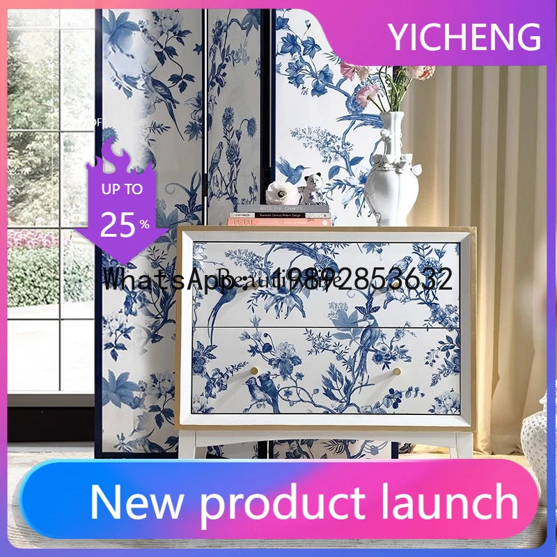 

QQ Blue and white porcelain white solid wood French antique multi-purpose entrance cabinet storage Chinese decorative cabinet