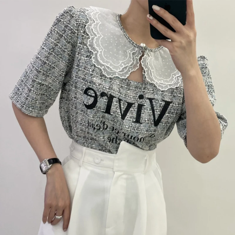 Retro Chic Blütenblatt Kragen Hohl Gestrickte Brief Drucken Lose ort Sve irt frauen Top Pendeln Sle Frühling Sammlung