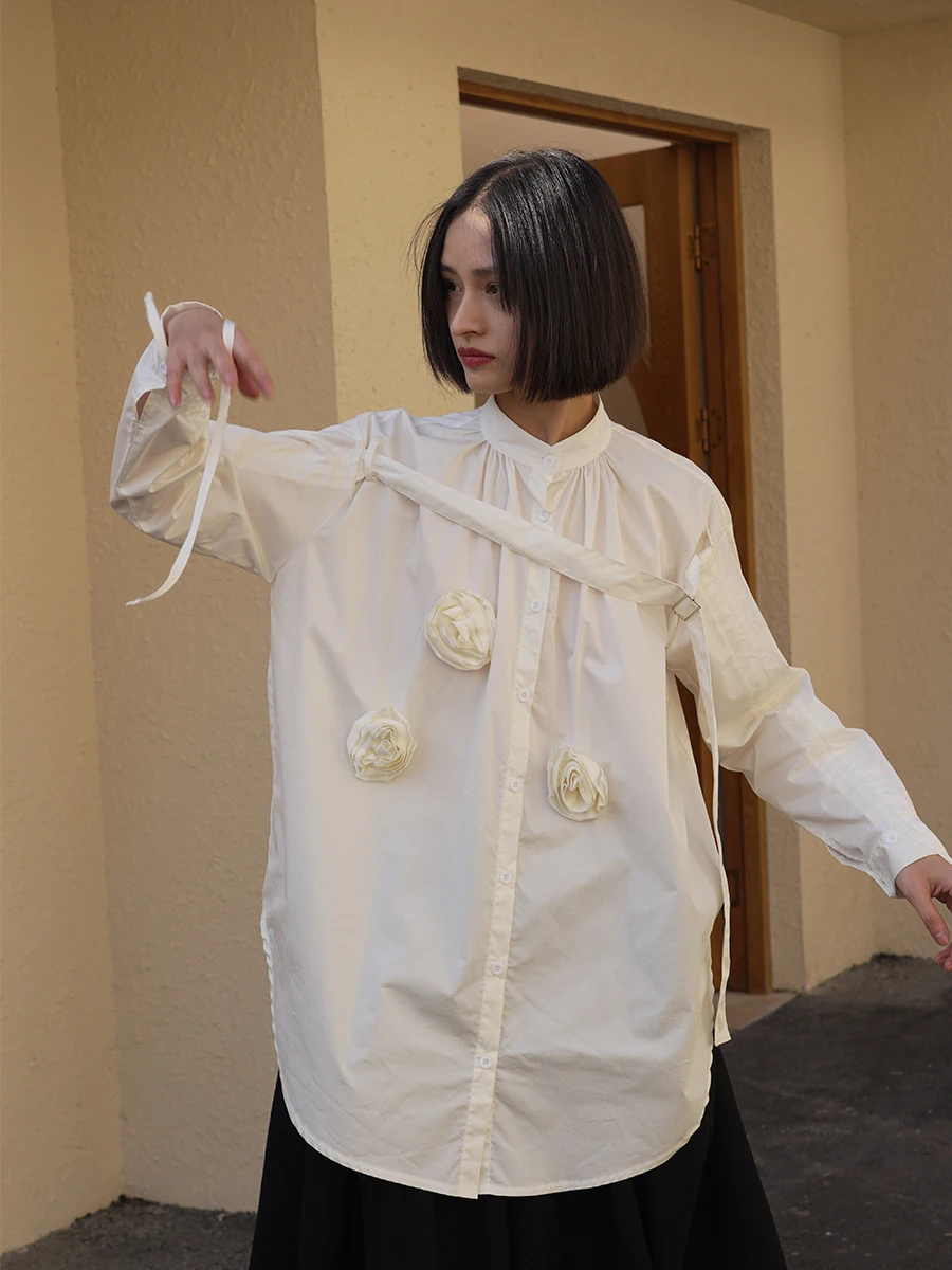 

Оригинальный дизайн, рубашка с длинным рукавом и воротником-стойкой, 3D вышивка в виде роз, хлопковая, весенняя, женская, модная, повседневная рубашка