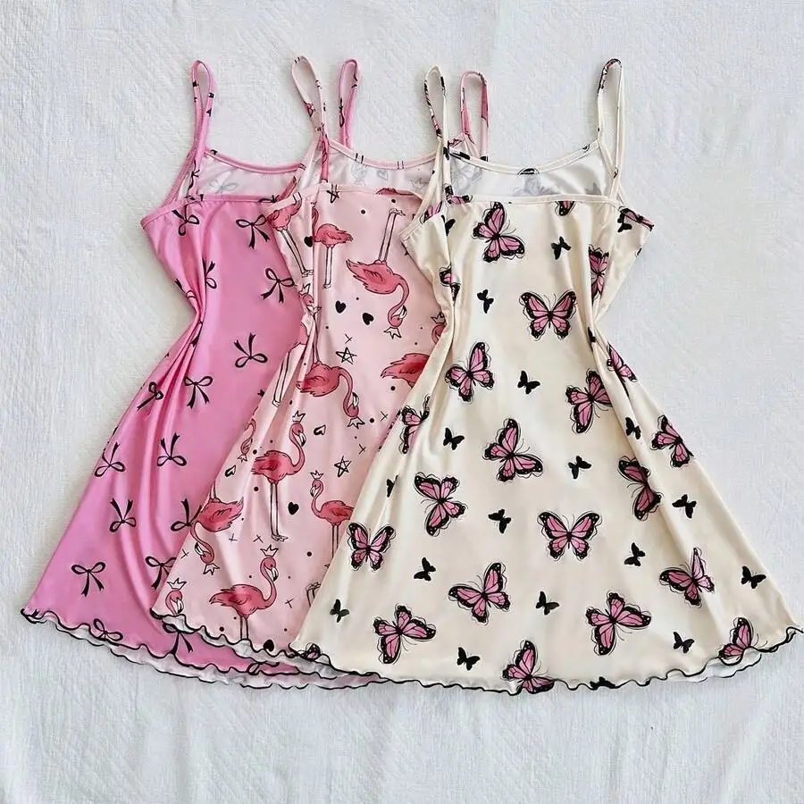 

3PCS Womens Printed Spaghetti Strap Nightdress With Ruffle Hem Soft Sleepwear Slip Dress
