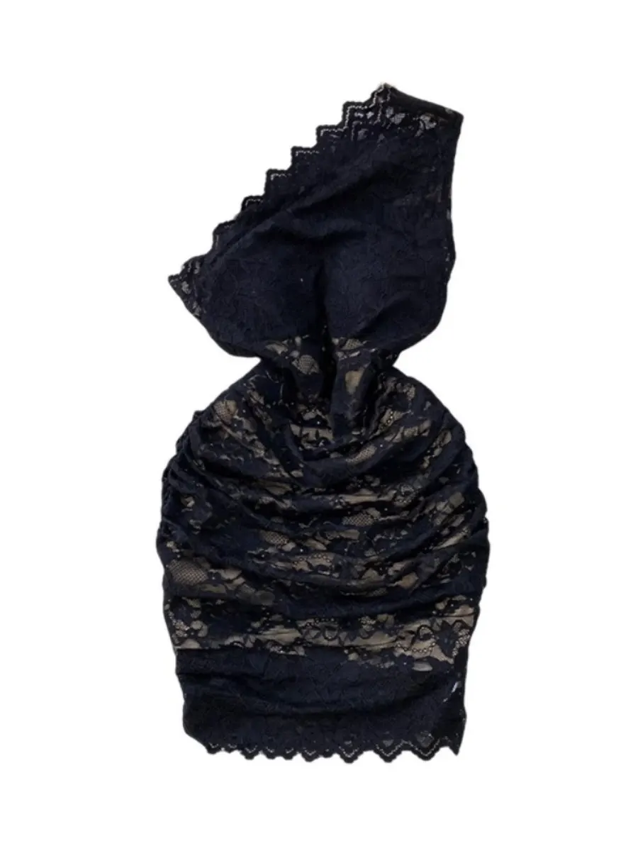 Foamlina 섹시한 비대칭 오프 숄더 레이스 패치 워크 패딩 드레스 여성 여름 우아한 허리 슬림 미니 블랙 스커트 Chic