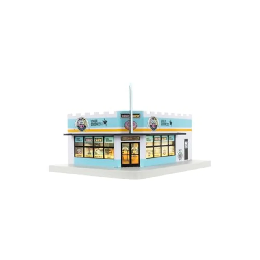 

O Gauge model train accessory for donuts coffee shop scenes, plastic construction, brown and pink colors, plug-expand-play func