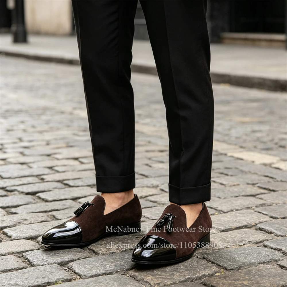 

Luxury Two-Tone Suede Patent Leather Tassel Loafers Men Slip on Low Heel Formal Shoes Business Office Wedding Party Dress Shoes