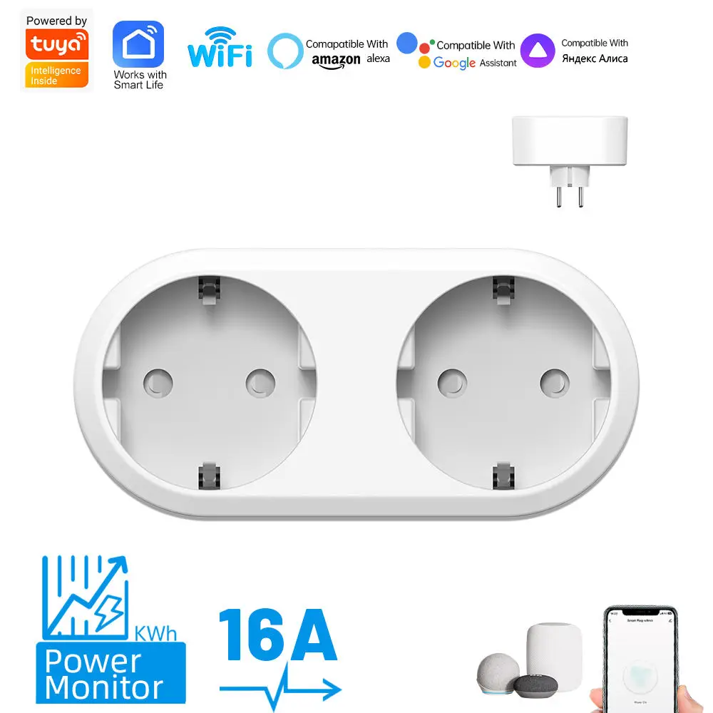 

SIXWGH Tuya 16A WIFI Smart Socket 220V Home Timing Plug with Power Monitor Supports Google Home Alexa and Alice 2 AC Outlets