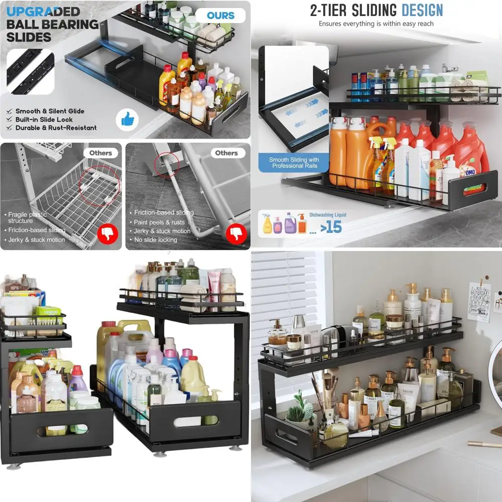 

Dual-Tier Pull-Out Cabinet Organizer with Soft-Close Drawers for Kitchen and Bathroom Storage - Black