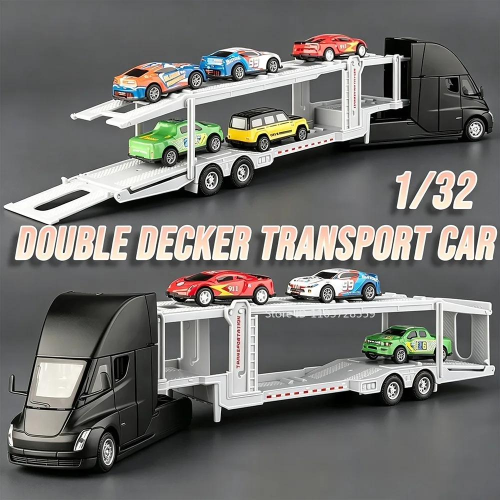 1:32 Car Toy Models Trailer Double Decker Transport Vehicles Metal Diecast Shock Absorption Doors Opened Sound Light Toys Gifts