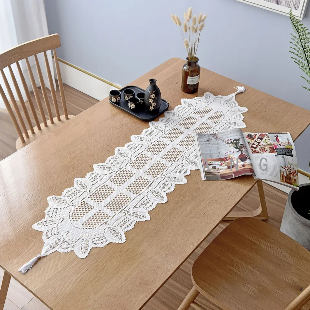 Rectangular Lace Table Runner White Cotton Table Dresser for Dining Coffee Tea End Tables Doilies Cover Home Wedding Party Decor