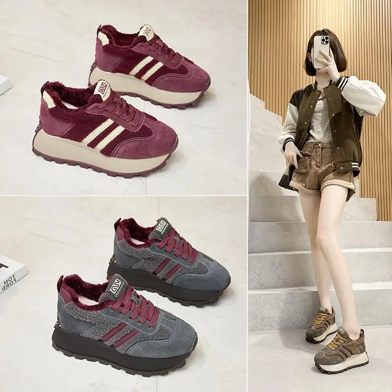 

Casual Style LeatherIncrease Height Thick Bottom Dad Sports Shoes Malayan Shoe Fashion Single Shoes Slip-On round Toe Flat Heel
