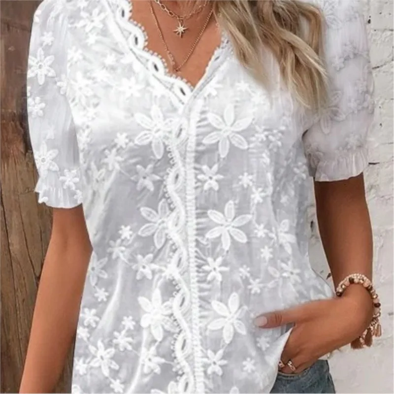 2024 Summer Leisure V-neck Lace Spliced Shirt Women\'s Elegant Solid White Short Sleeved Blouse Tops Femme Blusas