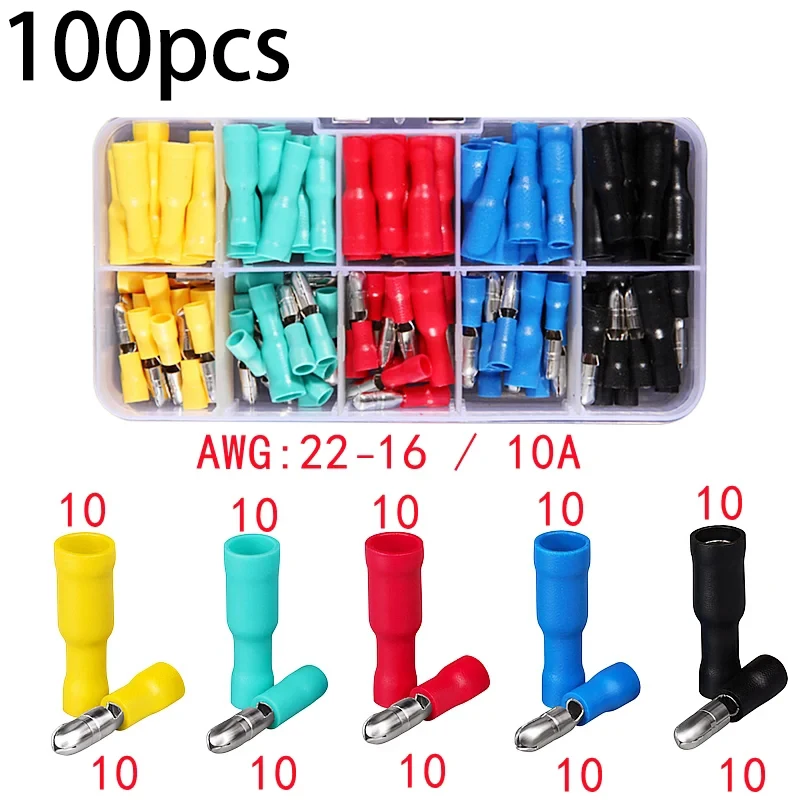 100pcs Box-Packed,Butt Crimping Terminal,Bullet Type Lnsulated Electrical Connector,Female and Male Wire Connector,Brass