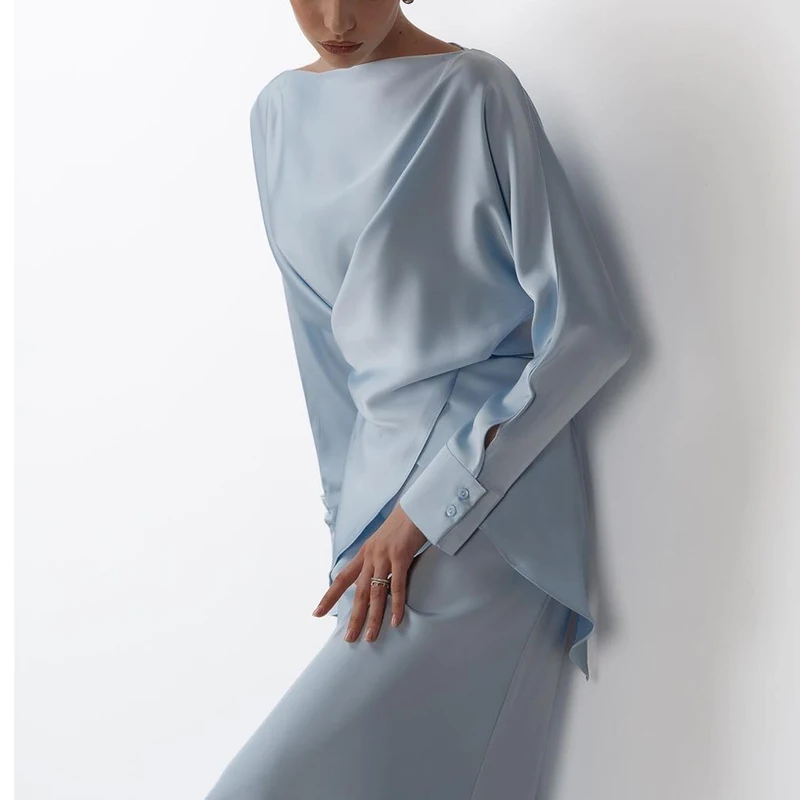 

Clacive Fashion Loose Khaki Satin Women's Two Pieces Set 2025 Elegant Long Sleeve Shirt With High Waist Long Skirt Set Female