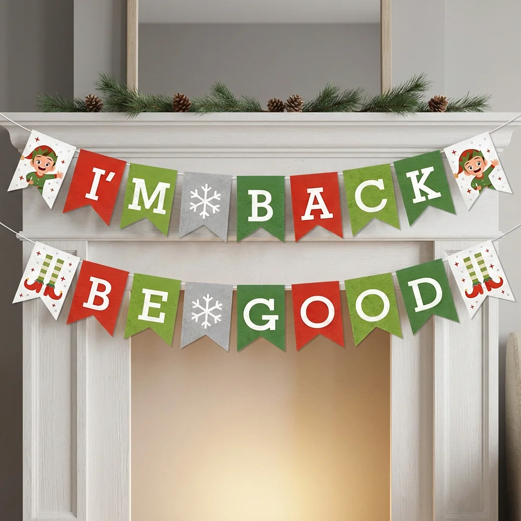 Weihnachtselfen-Banner „Ich bin zurück, sei ein guter Elf“ auf dem Kaminregal, Weihnachts-Wandbehang, Heimdekoration – Detail 3