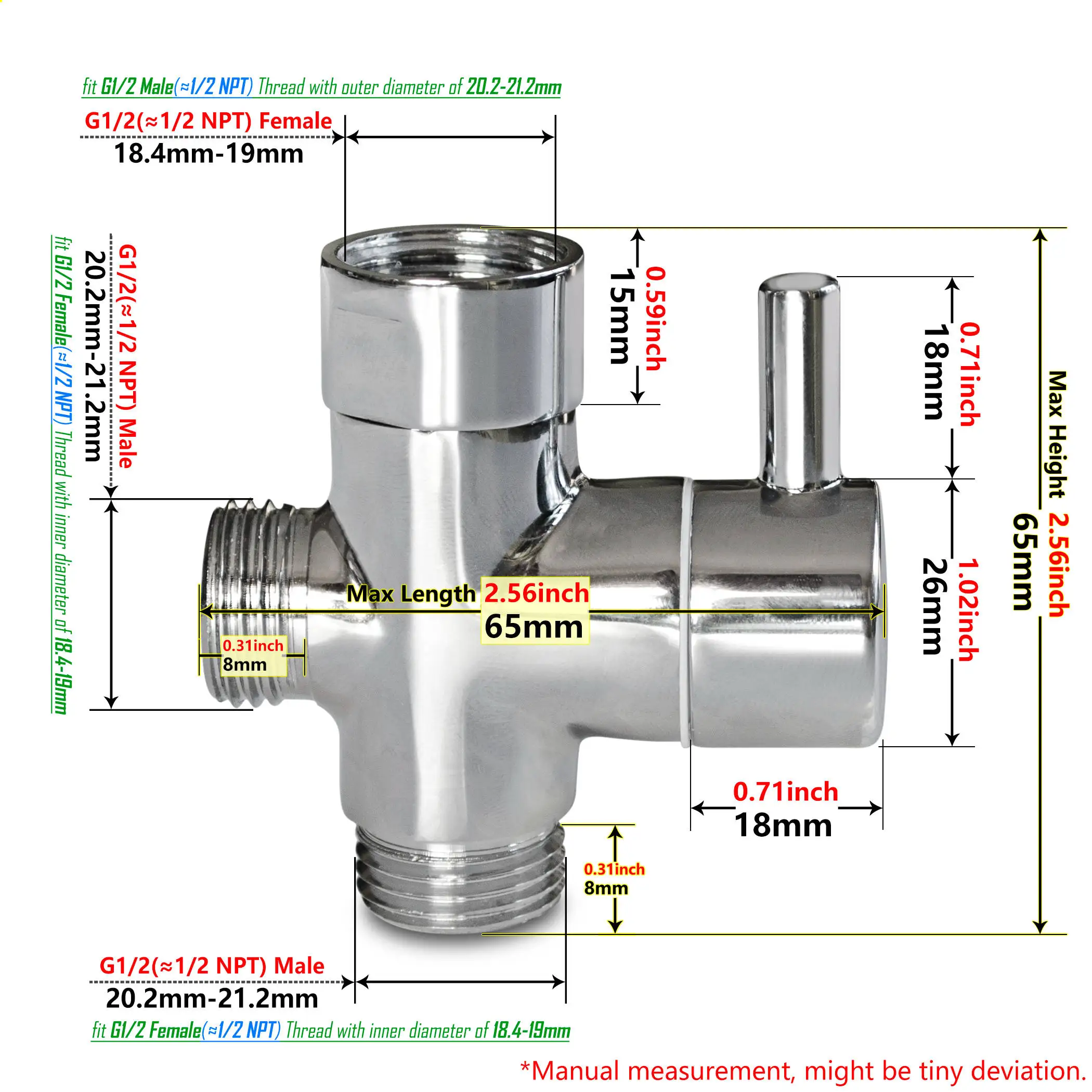 G1/2 Brass Diverter Valve 3 Way T Adapter Water Separator for Hand Held Showerhead and Fixed Spray Head Shower System Connector