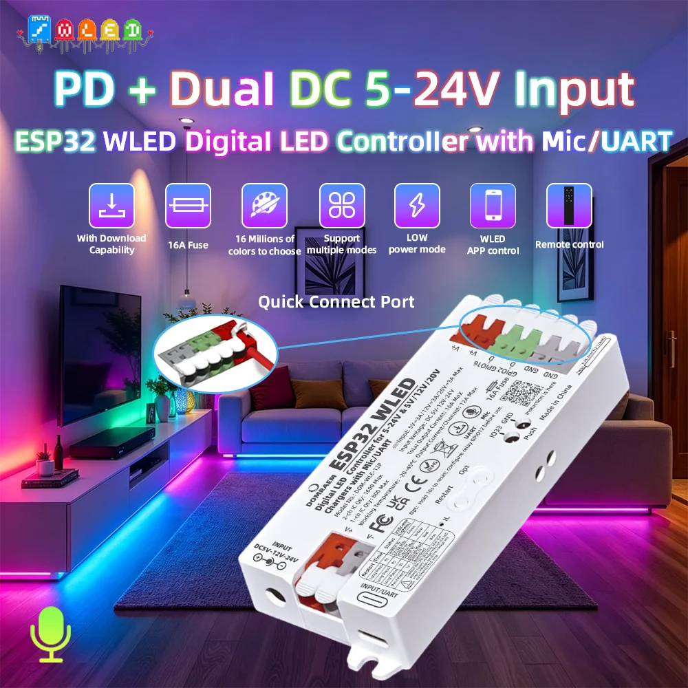 DOMRAEM ESP32 WLED Addressable LED Controller 16A Fuse | with Mic & UART | USB-C PD & DC 5-24V Input | for WS2811/12B SK6812etc.