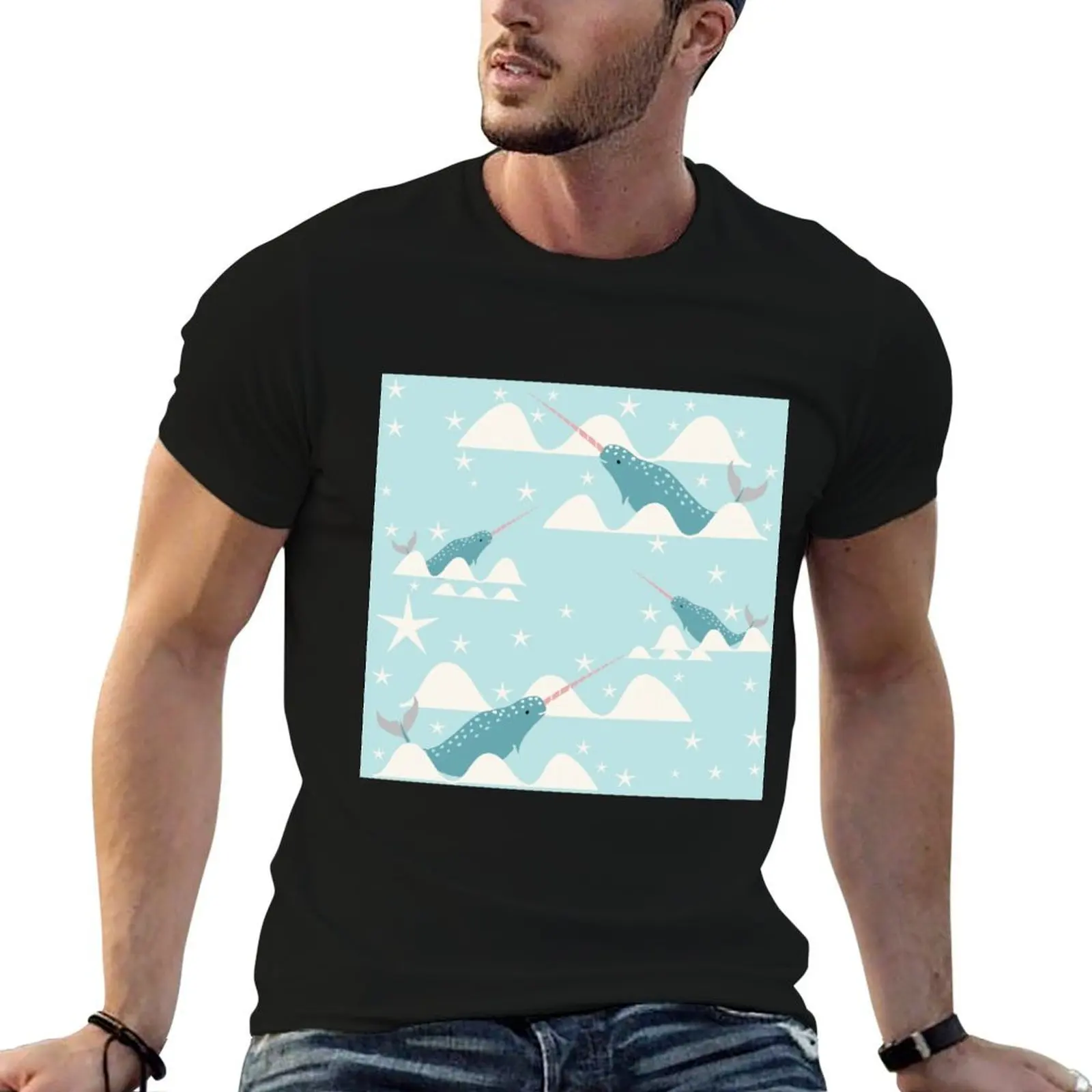 swimming narwhal blue T-Shirt Street Art Print Tee Shirt