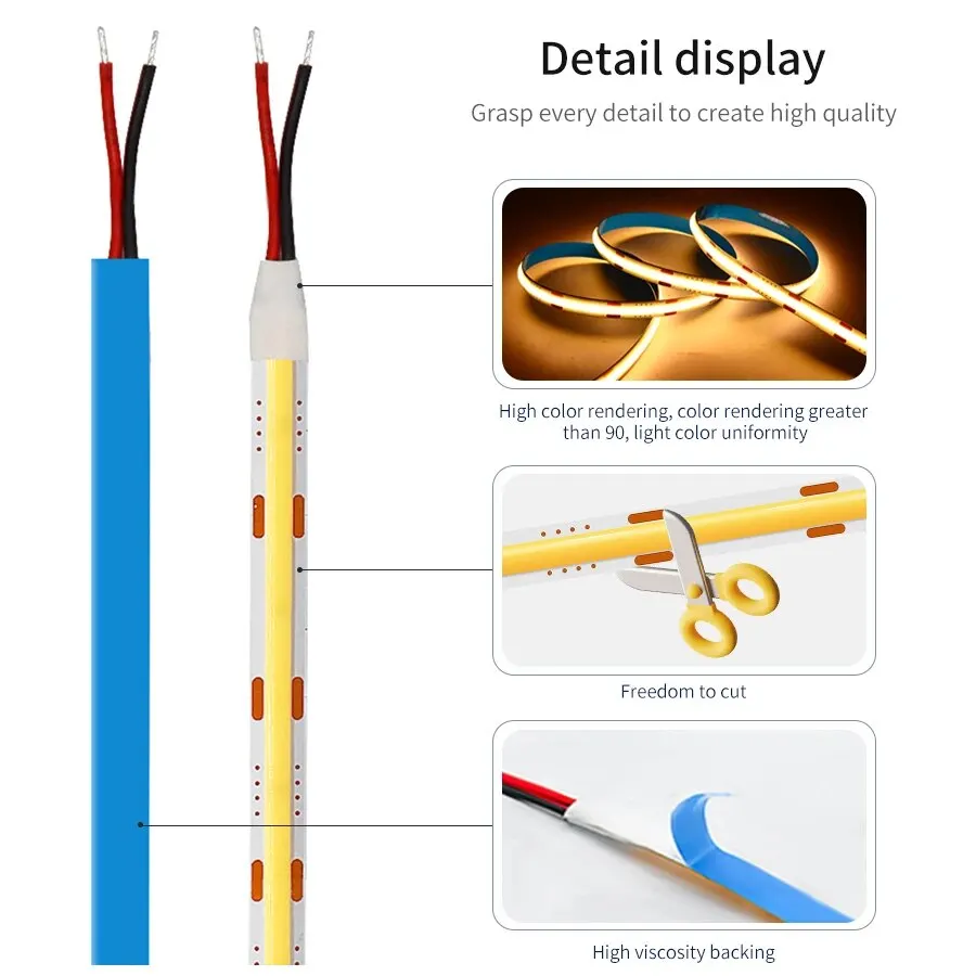 5M 10M 24V COB LED Strip lineare dimmerabile LED ad alta luminosità flessibile caldo freddo bianco COB Led Light RA90