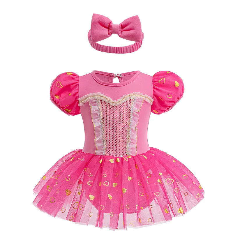 Baby Girl Summer Princess Bodysuit Short Puff Sleeve Star Tulle Tutu Bodysuit with Bow Headband Fairy Dress‑Up Outfit K6203